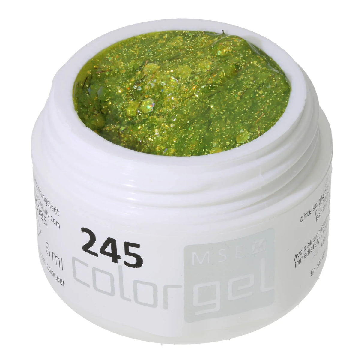 #245 Gel Color Premium con Purpurina 5ml Glitter amarillo y plateado combinado con hilos de purpurina cobre