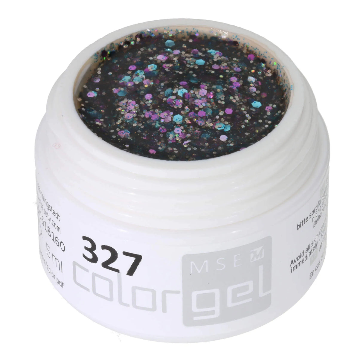 #327 Premium-GLITTER Gel de Color 5ml Gel Transparente con mezcla de purpurina plateada y turquesa con acentos lilas