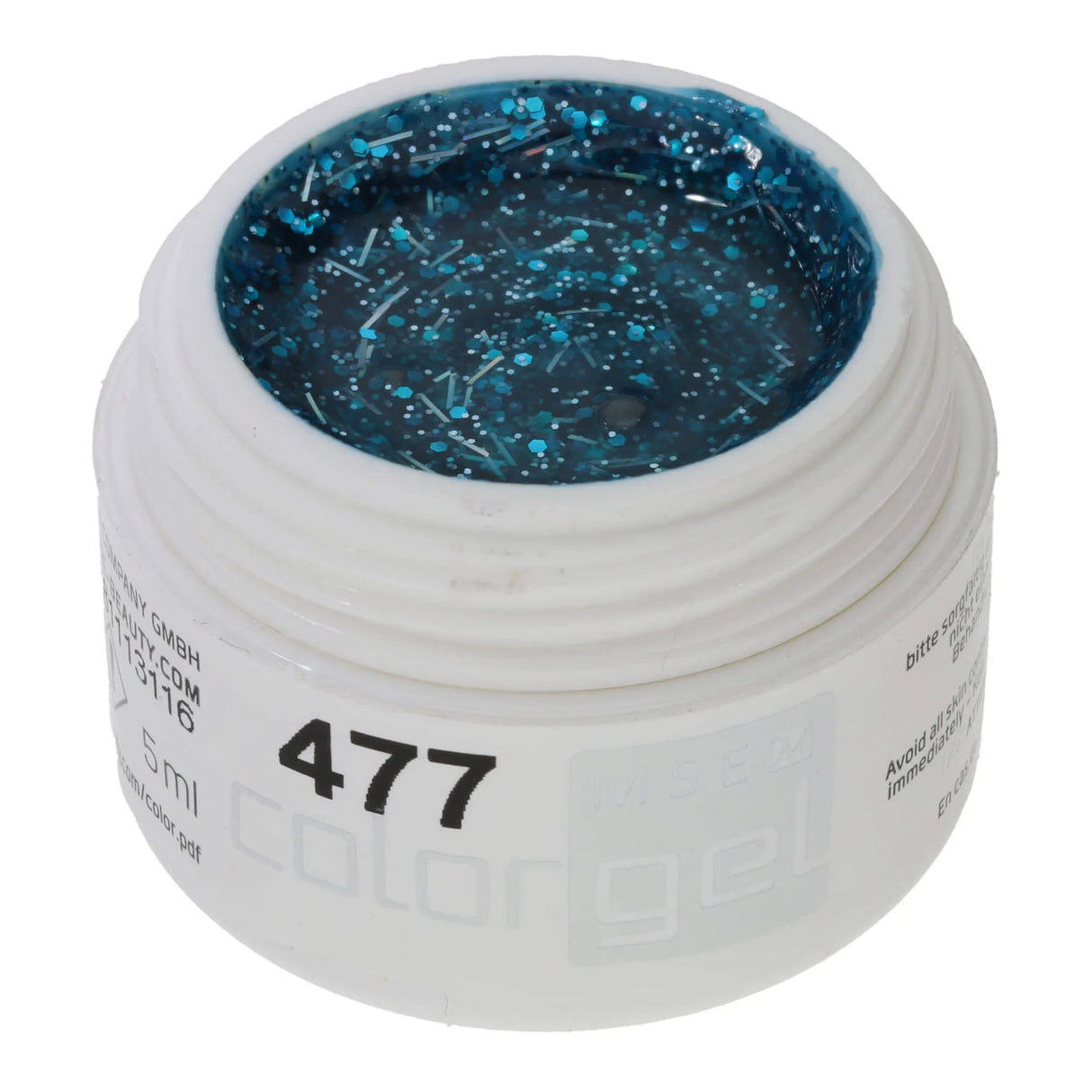 #477 <<<< t58>46>44>5>remium-GLITTER Color Gel 5ml Türkis mit türkisem Glitter und silbernen FMộtden