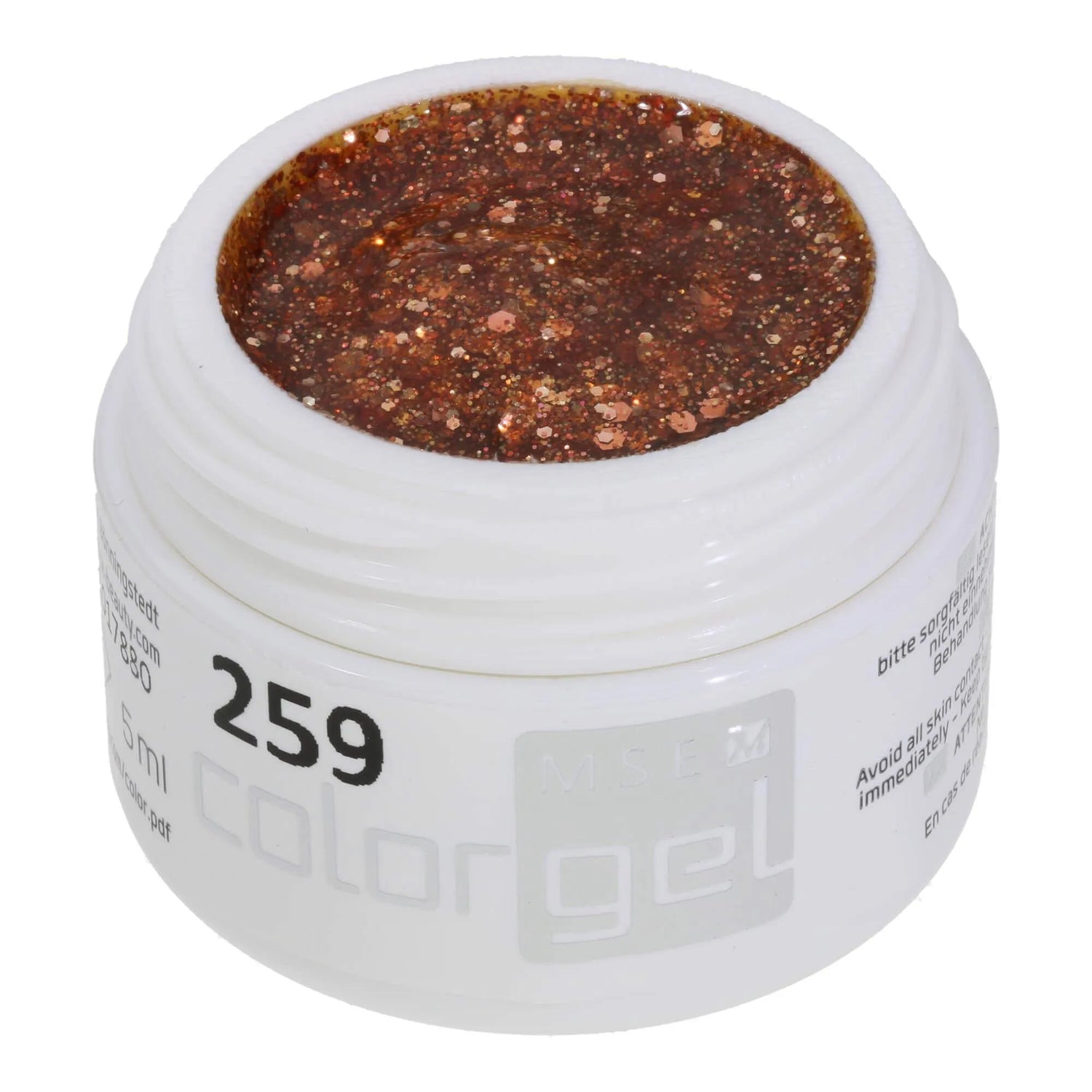 #259 Premium-GLITTER Color Gel 5ml Blassroter Glitter unterstützt durch kupferfarbene Glitterfäden - MSE - The Beauty Company