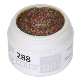 #288 Premium-GLITTER Color Gel 5ml Klares Gel mit orangem Glitter akzentuiert mit grobem pinkfarbenem Glitter und kupferfarbenen Glitterfäden