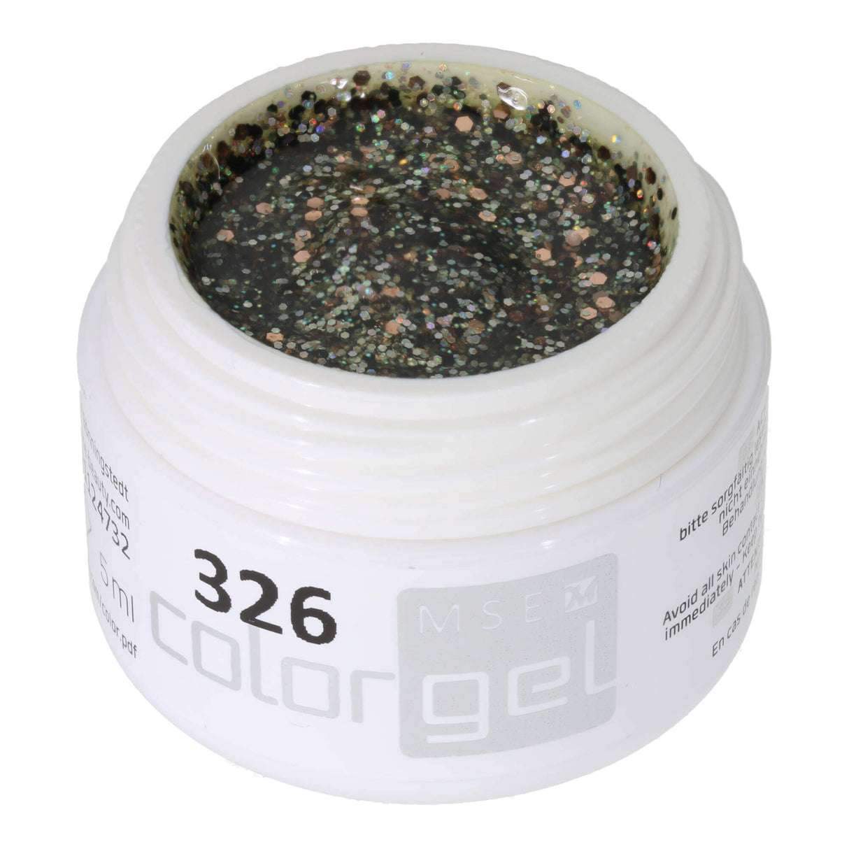 # 326 gel de couleur brillant premium 5 ml Gel transparent avec un mélange d'argent, de paillettes en argent, en cuivre et noir avec des accents irisés